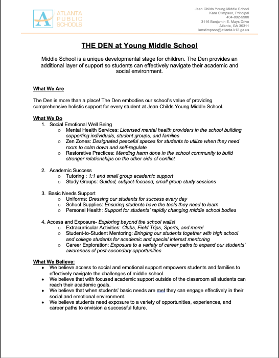 Overview of Services @ "The Den"